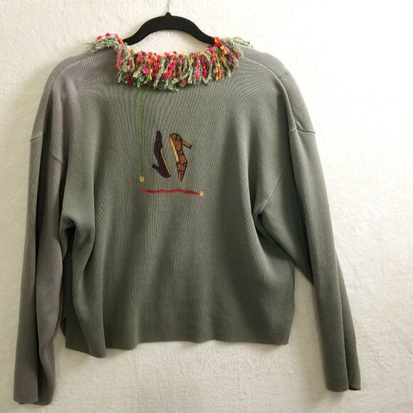 Debra Murray W M Vtg olive Wearable Art Hand Painted Shoe-Print Knit Cardigan - Picture 2 of 16